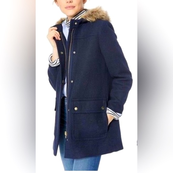J crew wool blend winter coat faux fur hood size 2 in black casual preppy - Picture 1 of 8